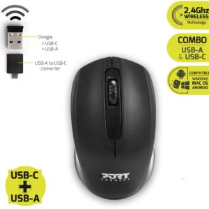 Port miš BUDGET bežični, USB-C & USB-A, crni