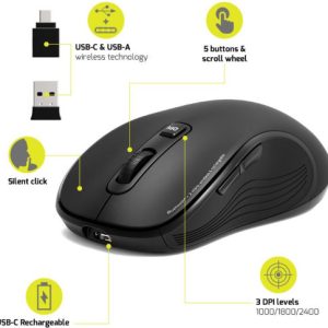 Port miš ESSENTIEL WL+BT, USB-C, punjivi, crni
