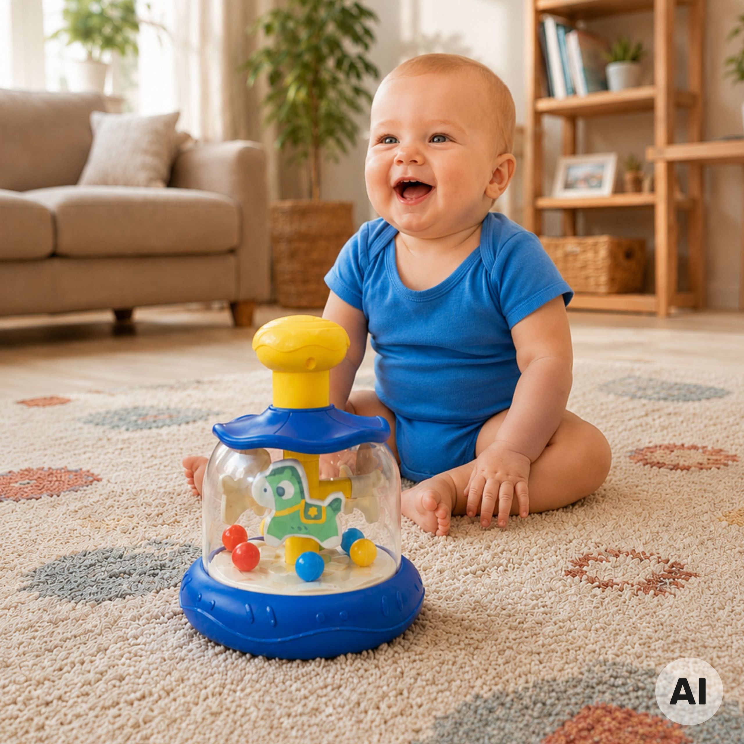 WOOPIE BABY Colorful Horses Blue Spinning Top Carousel with Balls - Slika 3