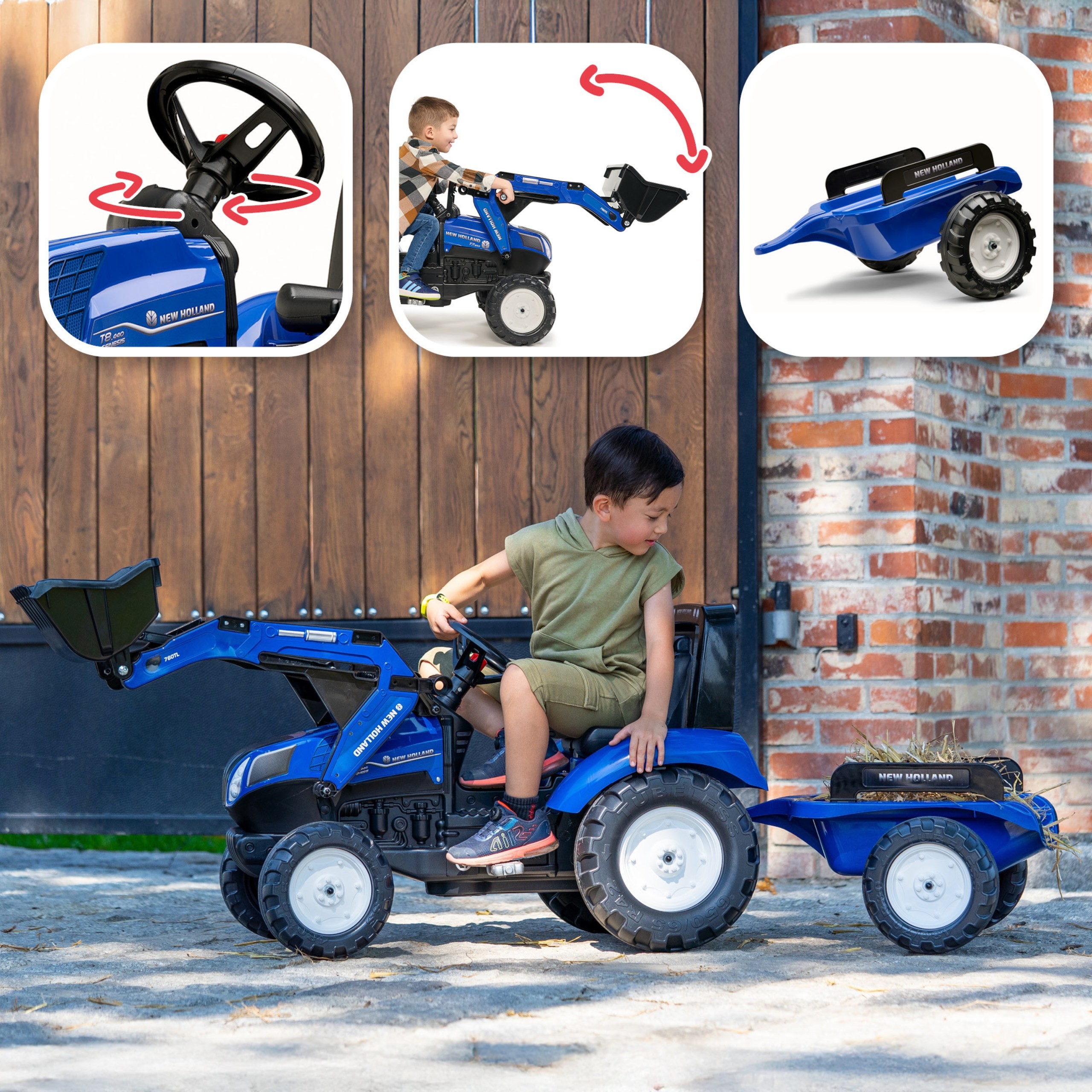 FALK New Holland T8 Pedal Tractor with Bucket and Trailer 3-7 years - Slika 8