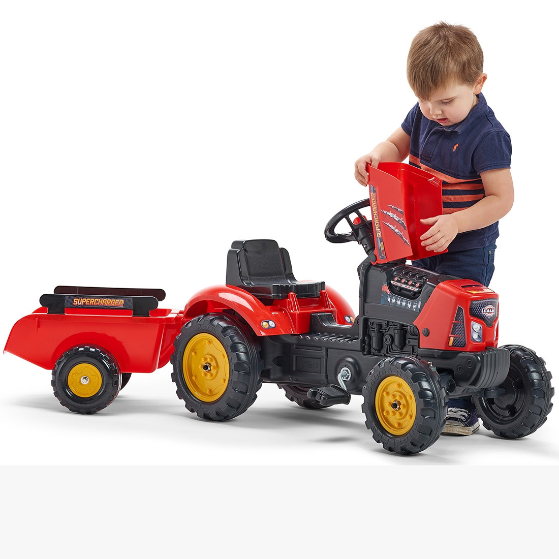 FALK Supercharger Pedal Tractor with Trailer and Opening Hood Red 2-5 Years - Slika 8