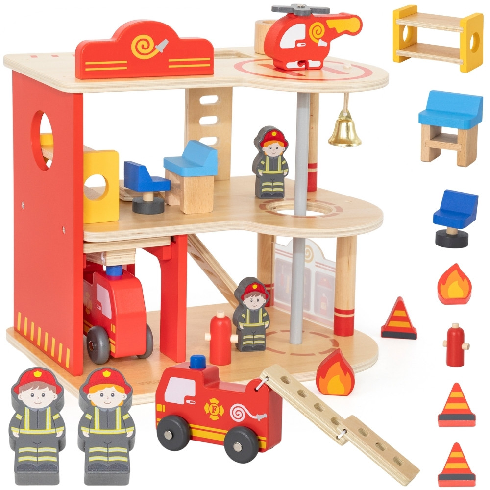 VIGA Wooden Garage Fire Station Set 14 pcs