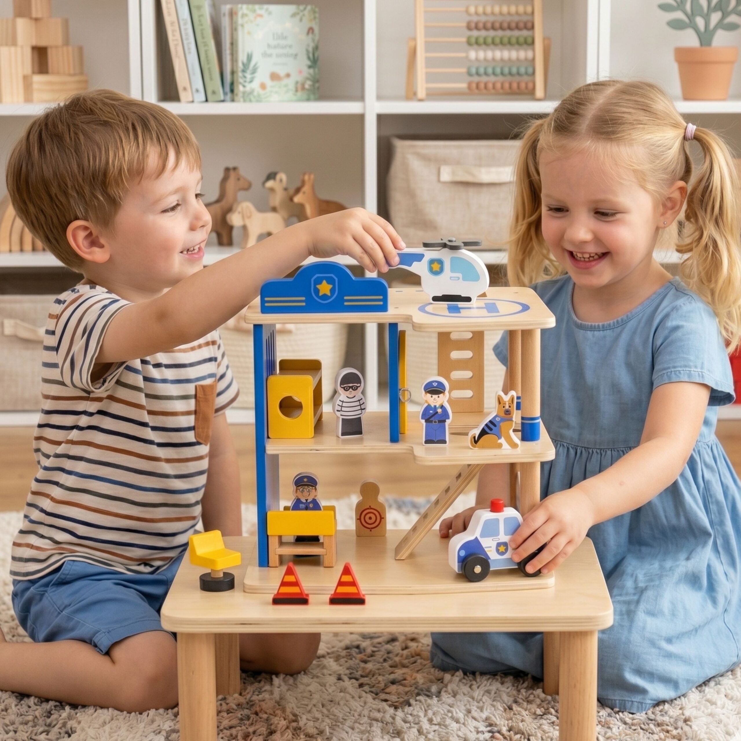 VIGA Wooden Police Station Police Car 3 levels 14 pieces - Slika 2