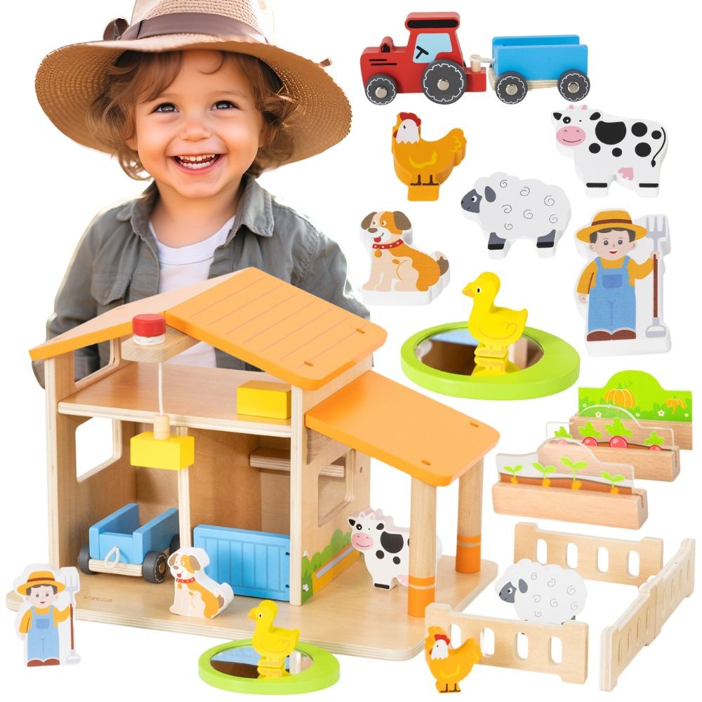 VIGA Wooden Farm Farmer's House with Garden and Tractor 21 pieces