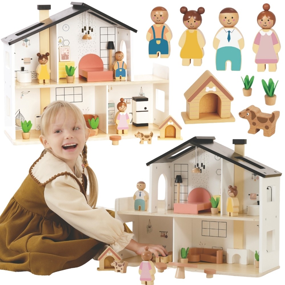 TOOKY TOY Wooden Dollhouse with Accessories and Family 20 pcs.