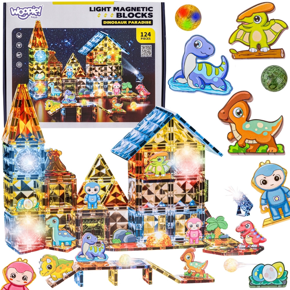 WOOPIE Magnetic Construction Blocks Glowing 3D Dinosaur Park 124pcs.