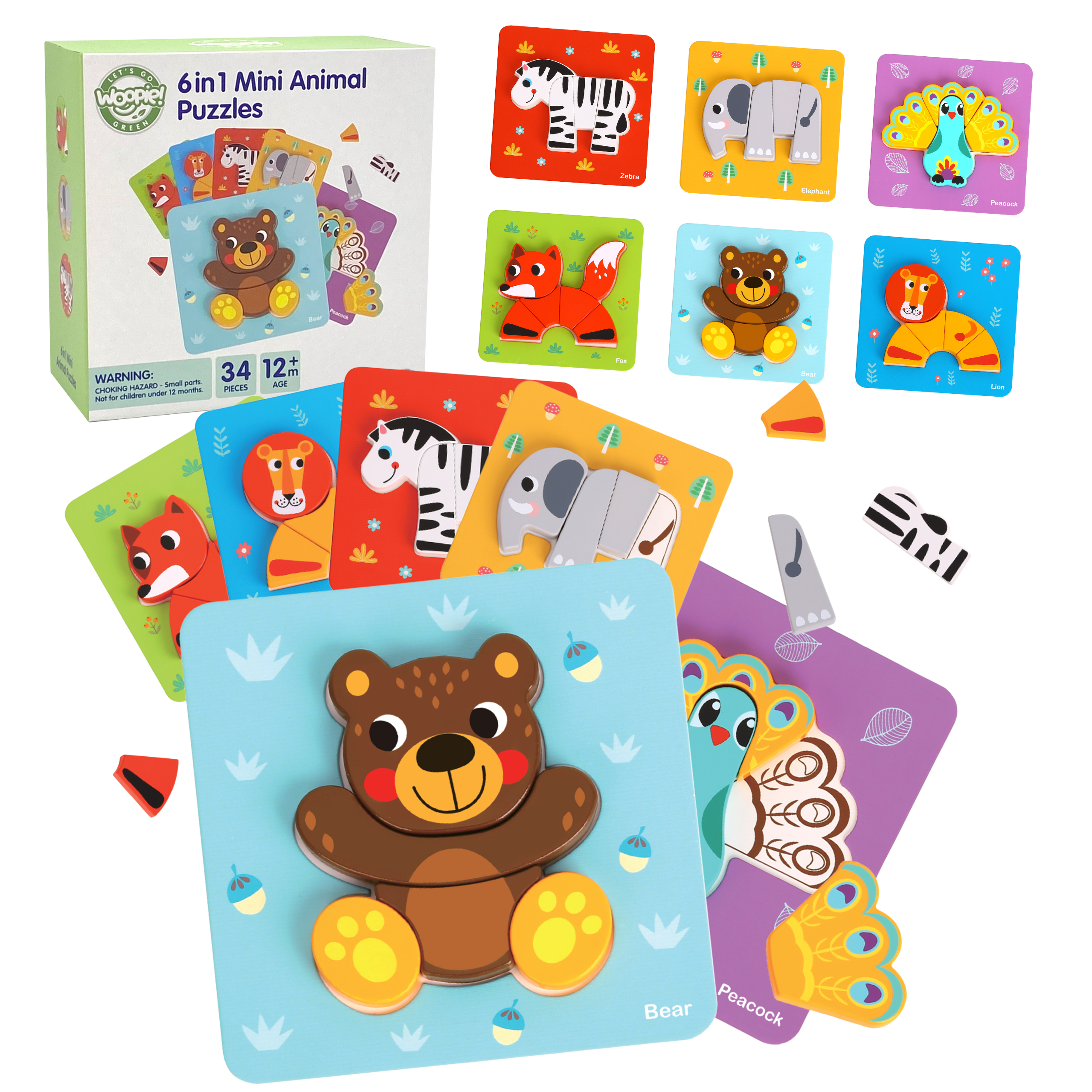 WOOPIE GREEN Wooden Puzzle Blocks Animals Montessori FSC 34pcs.