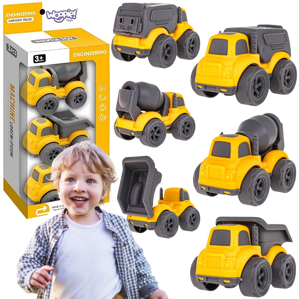 WOOPIE 3-in-1 Set Construction Vehicles Garbage Truck Concrete Mixer Dump Truck
