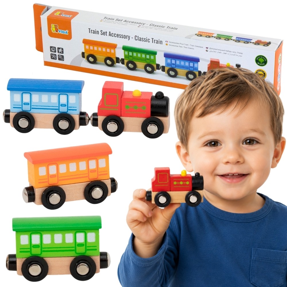 VIGA WOODEN MAGNETIC TRAIN CARRIAGES CHUCK TRAIN LOCOMOTIVE 3+