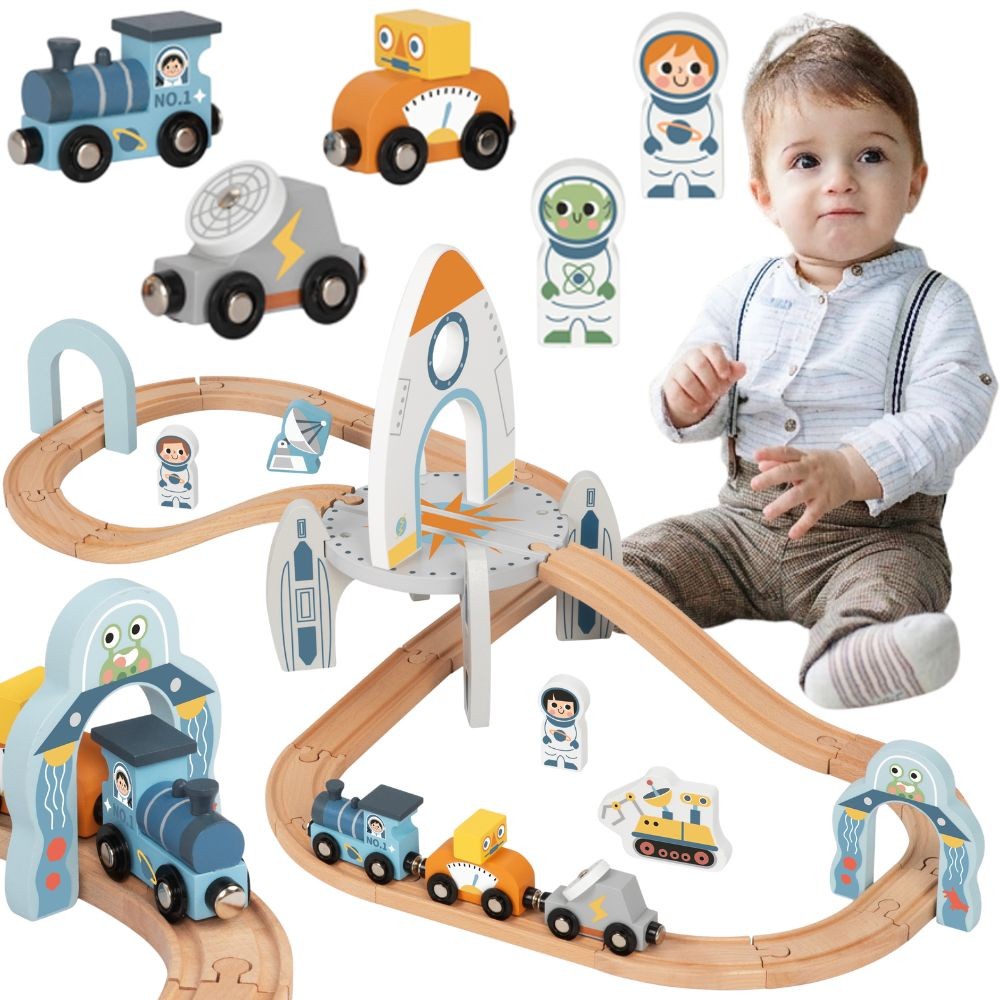 TOOKY TOY Wooden Space Train Track Set
