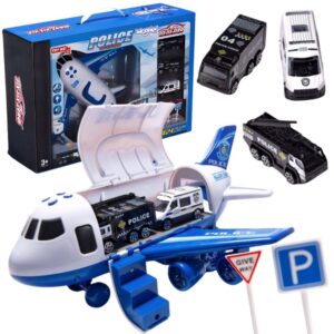 WOOPIE Foldable Police Plane Transporter with 3 Police Cars XL Set Road Signs