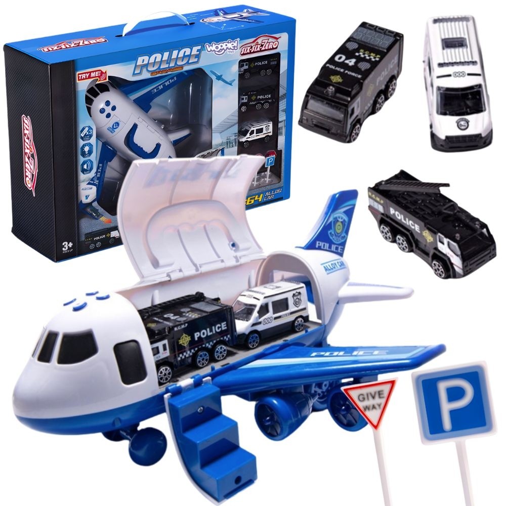 WOOPIE Foldable Police Plane Transporter with 3 Police Cars XL Set Road Signs