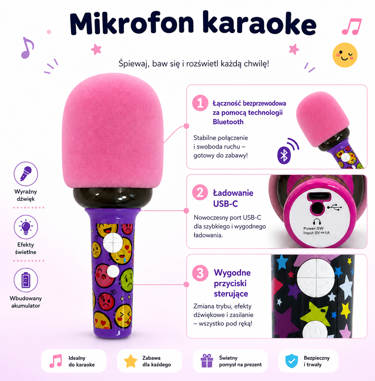 WOOPIE Wireless Karaoke Microphone with BT Speaker LED Pink - Slika 8