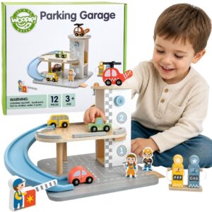 WOOPIE GREEN Wooden Parking Garage 2 in 1 Gas Station with Cars and Figures 12 pcs FSC