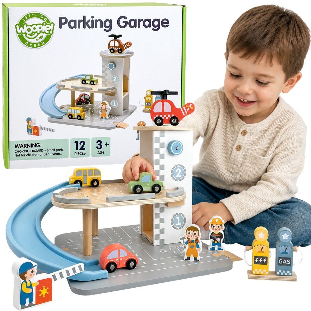 WOOPIE GREEN Wooden Parking Garage 2 in 1 Gas Station with Cars and Figures 12 pcs FSC