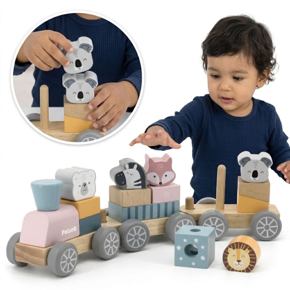 VIGA PolarB Wooden Train with Carriages and Animals for Montessori Stacking