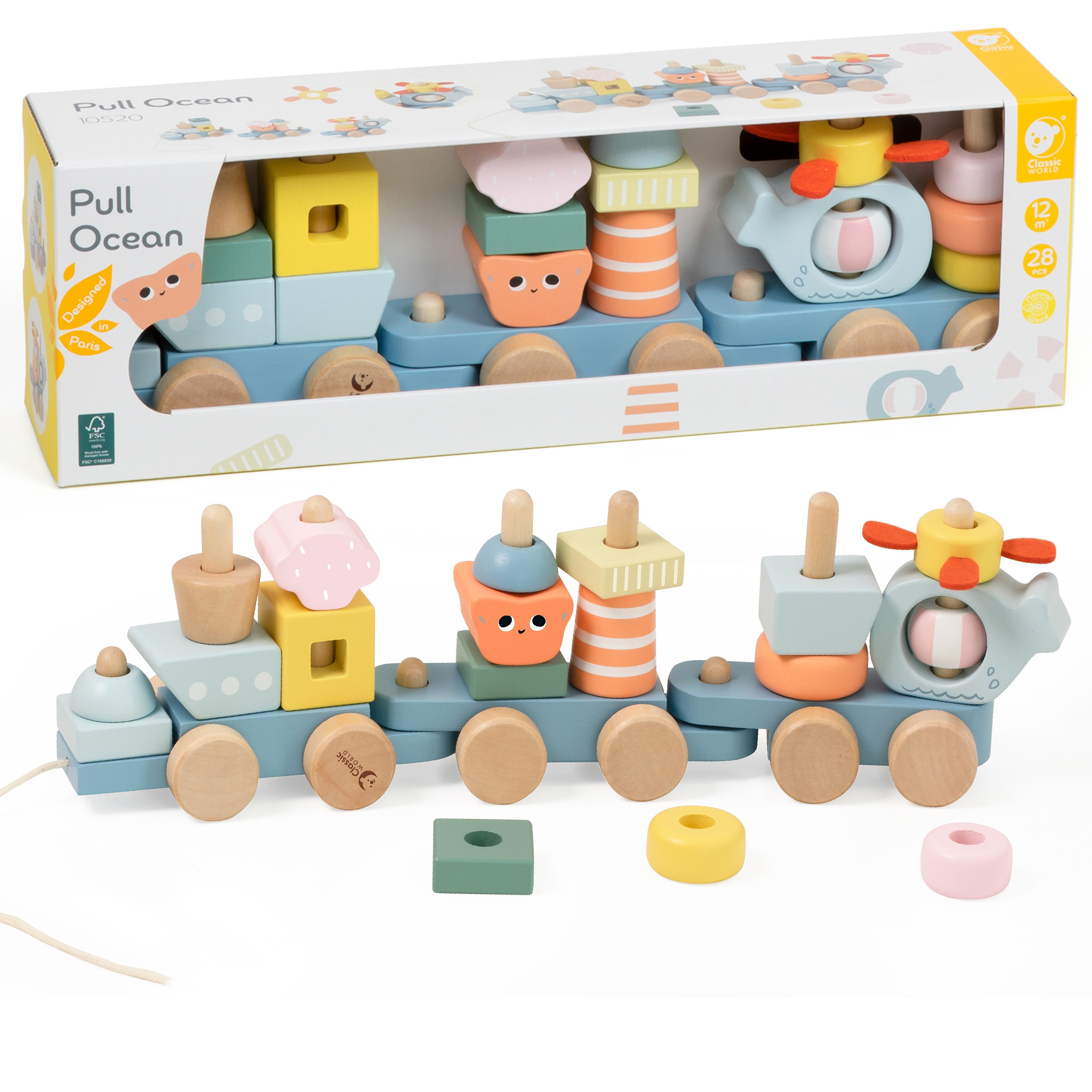 CLASSIC WORLD Wooden Train with Blocks to Pull Ocean 28pcs