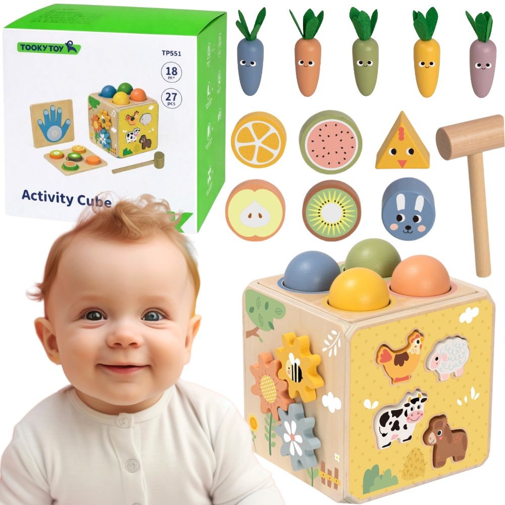 TOOKY TOY Wooden Spring Educational Cube 5-in-1