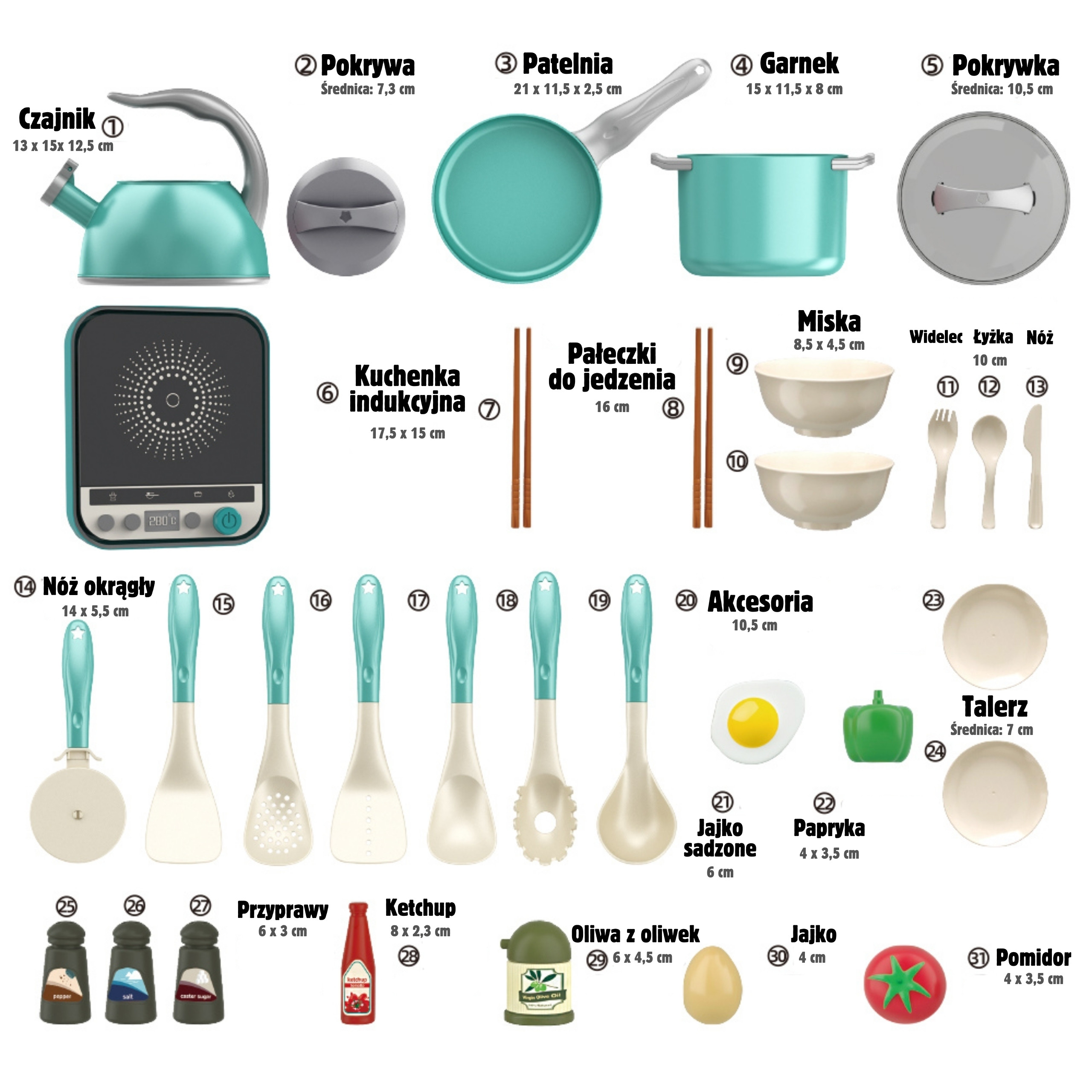 WOOPIE Little Chef's Set Induction Pots Frying Pan Kettle Green 30 pcs. - Slika 5