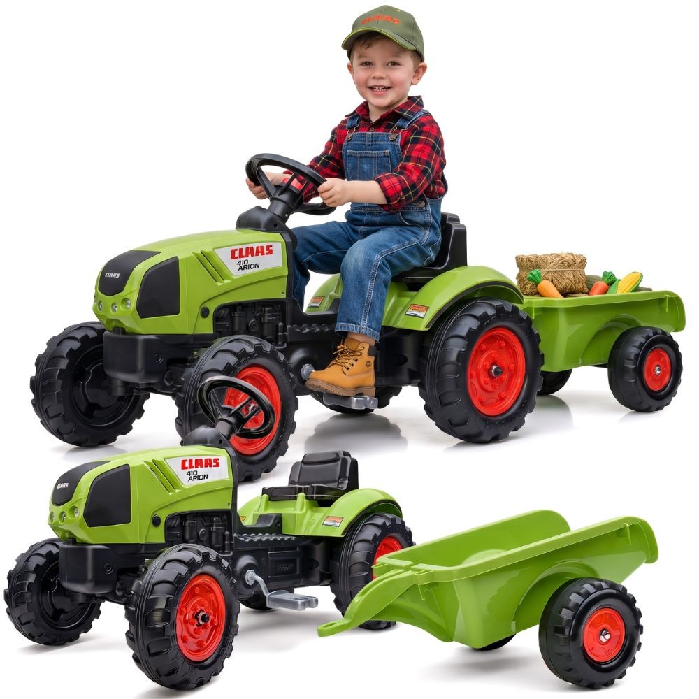 FALK Green Claas Pedal Tractor with Trailer + Horn from 2 Years Old.