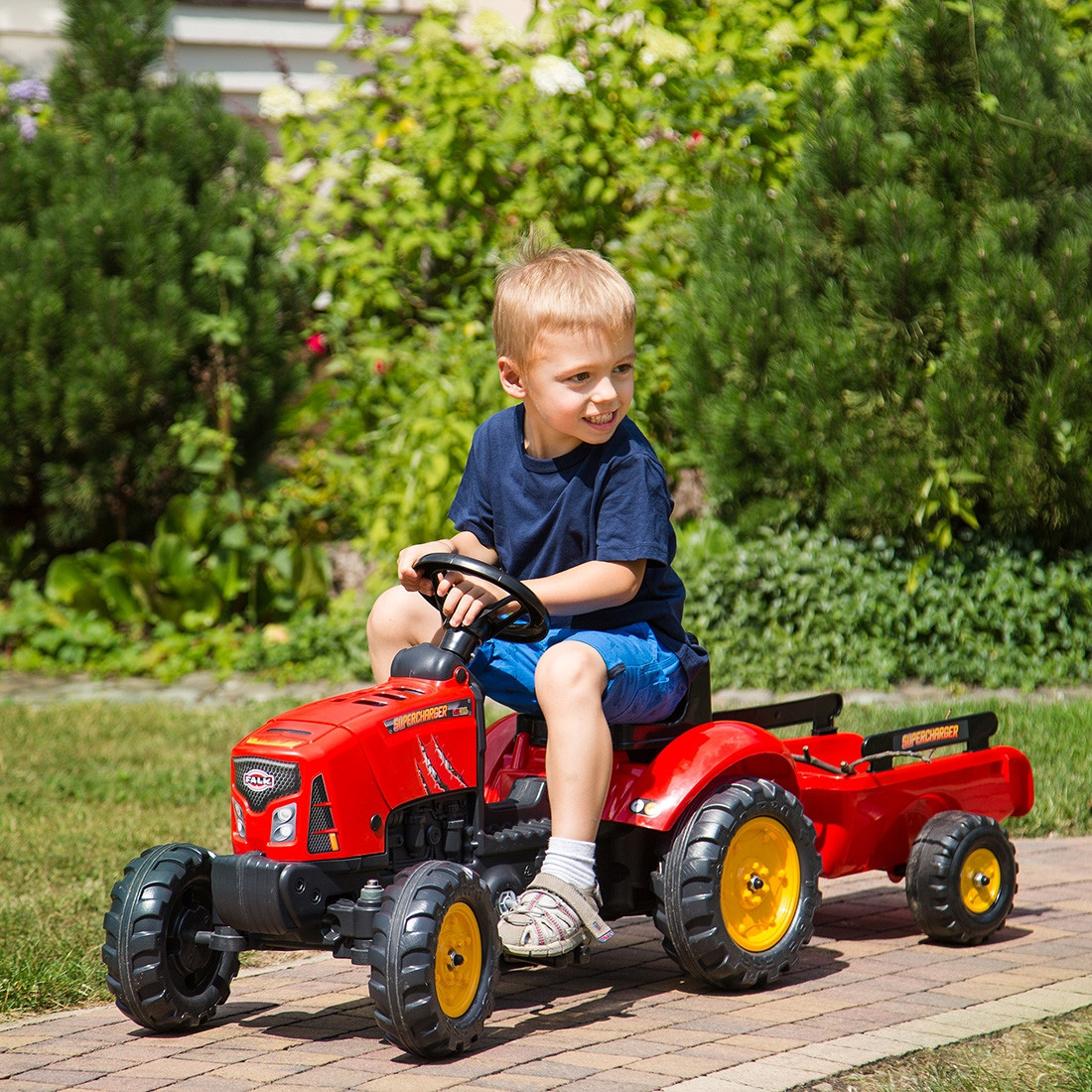 FALK Supercharger Pedal Tractor with Trailer and Opening Hood Red 2-5 Years - Slika 2