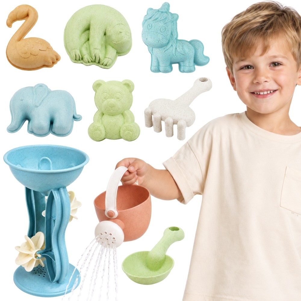 WOOPIE GREEN Sand Set with Spinning Wheel and Watering Can 10 pcs. BIODEGRADABLE ORGANIC MATERIAL