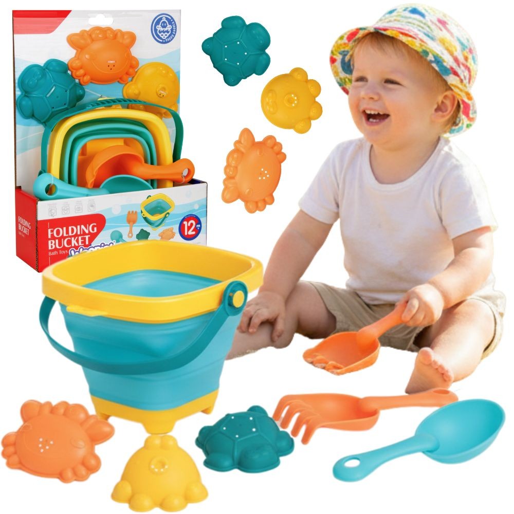 WOOPIE BABY Folding Bucket with Rake, Spatula, and Blue Molds Set