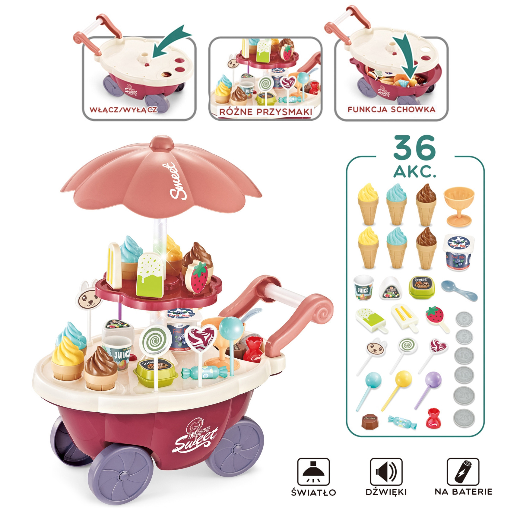 WOOPIE Food Truck Confectionery Trolley Ice Cream Sweets Stand Sound Light + 36 Accs - Slika 5