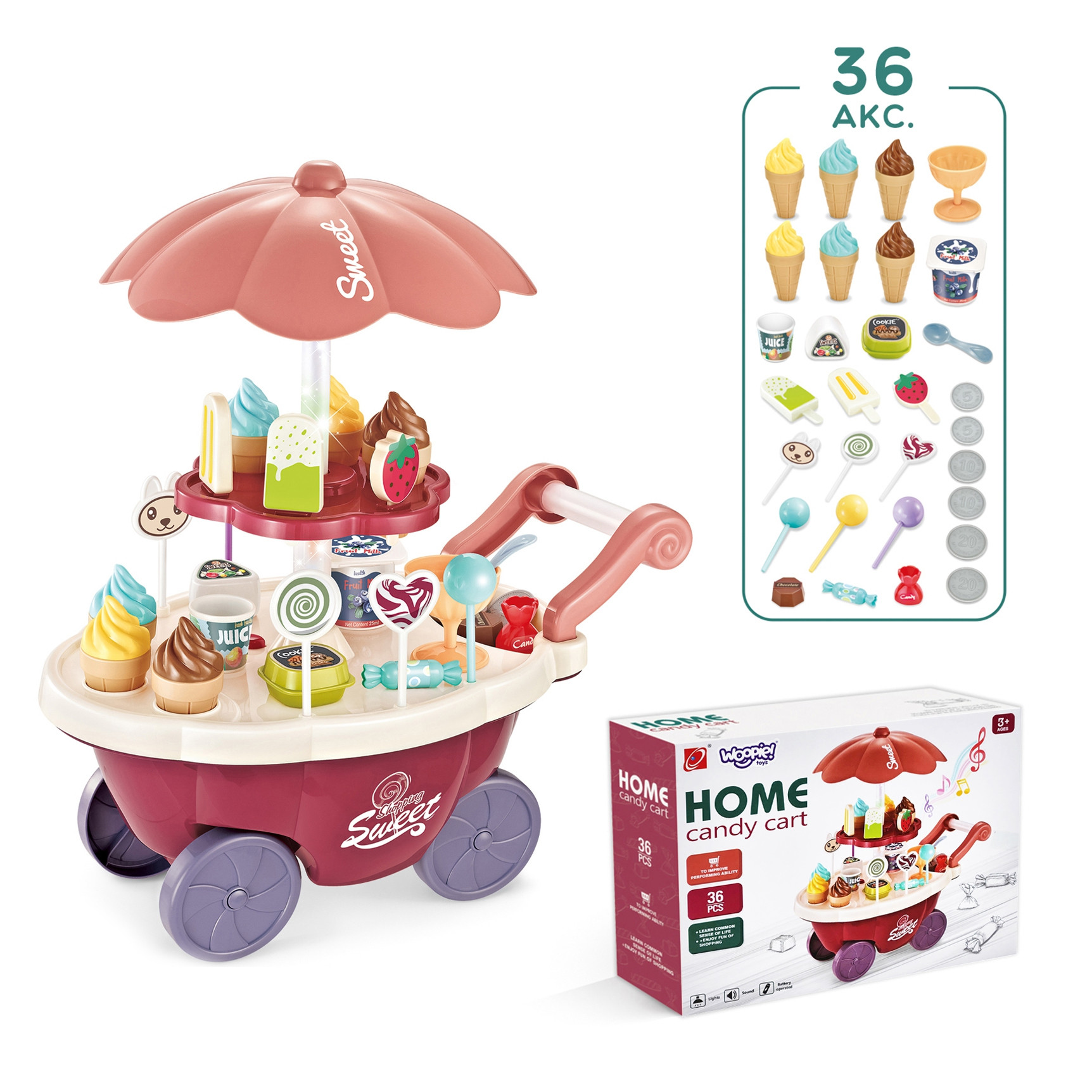 WOOPIE Food Truck Confectionery Trolley Ice Cream Sweets Stand Sound Light + 36 Accs - Slika 6