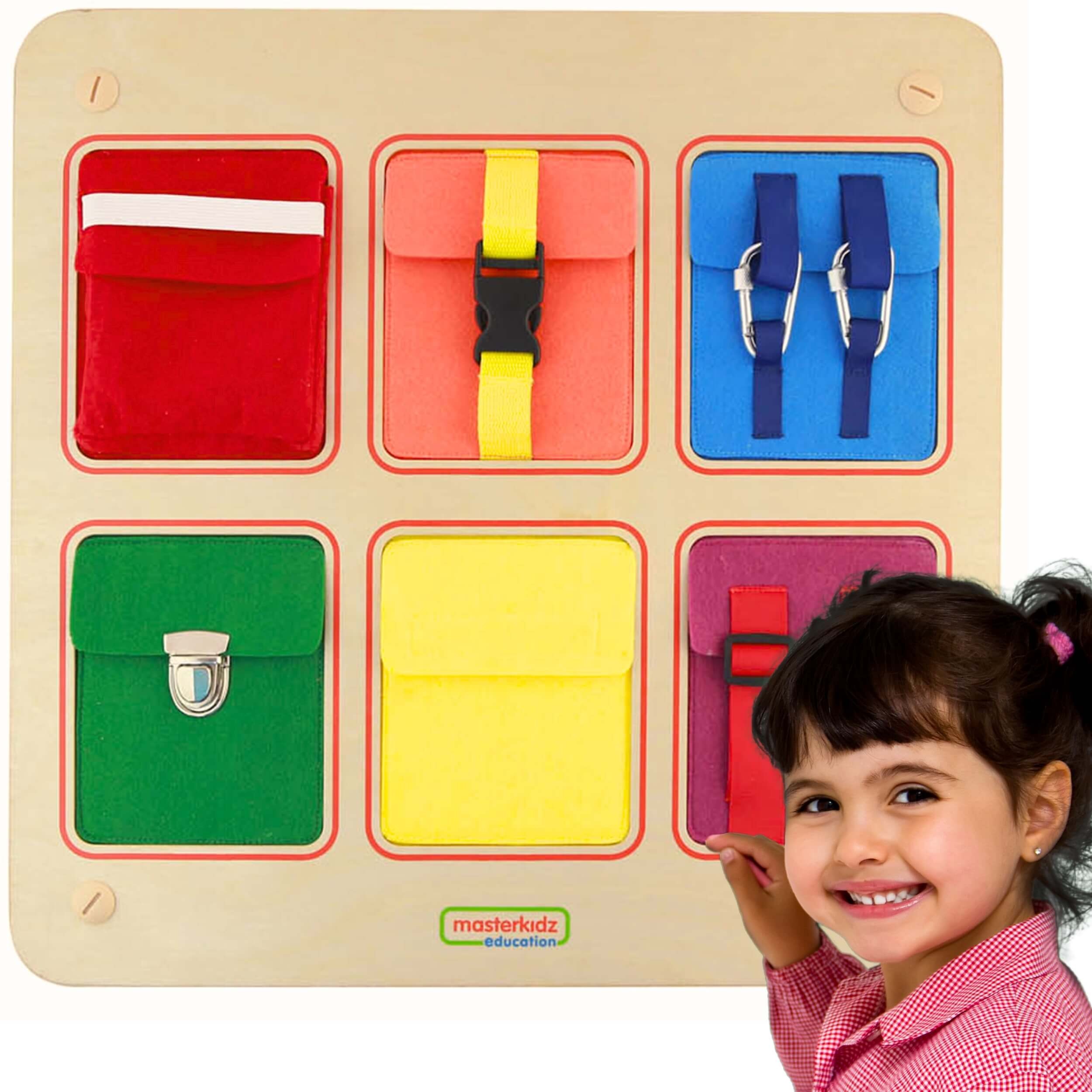 MASTERKIDZ Wooden Flex Wall Manipulation Board with Colorful Pockets, Buckles and Velcro