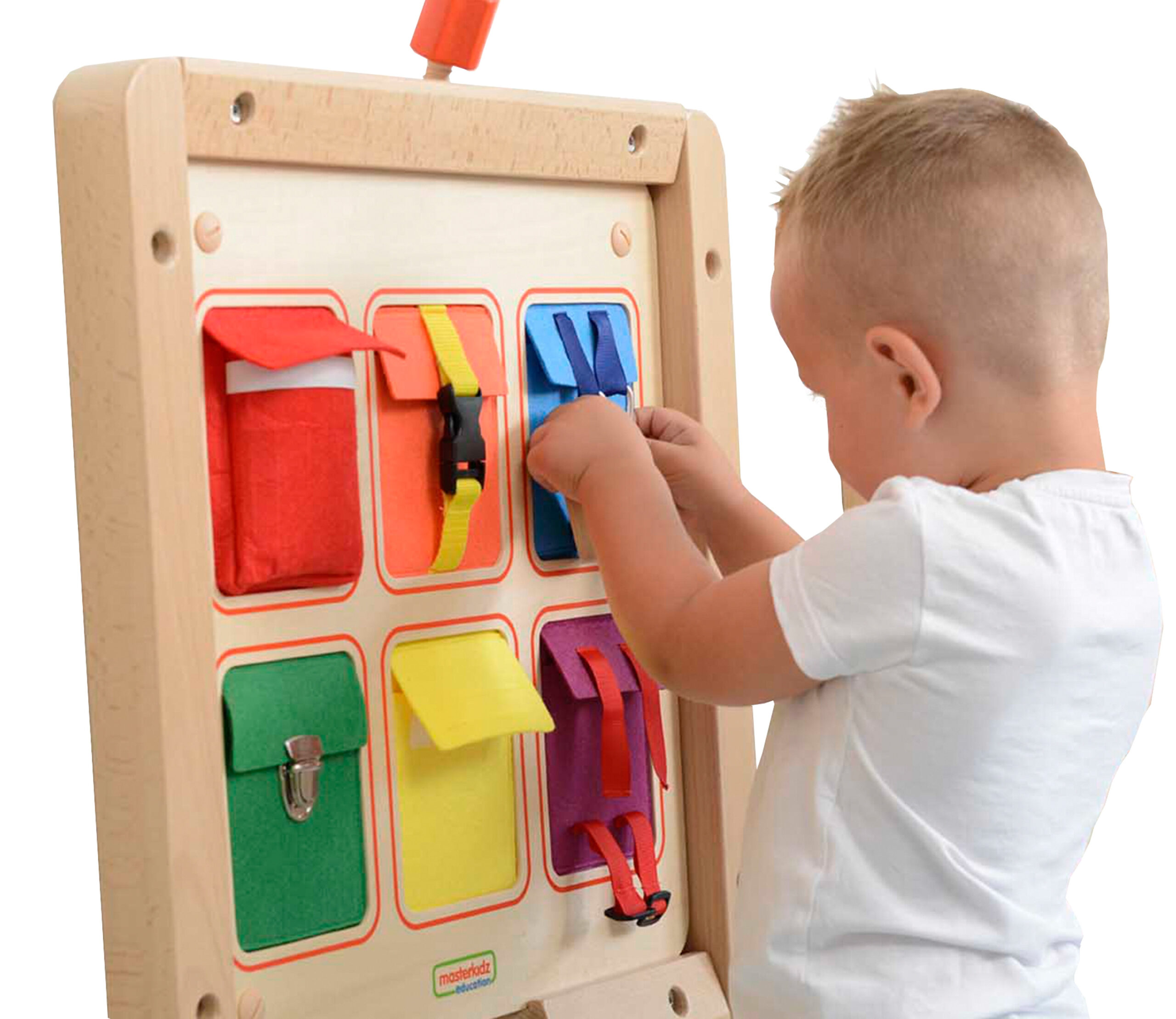 MASTERKIDZ Wooden Flex Wall Manipulation Board with Colorful Pockets, Buckles and Velcro - Slika 3