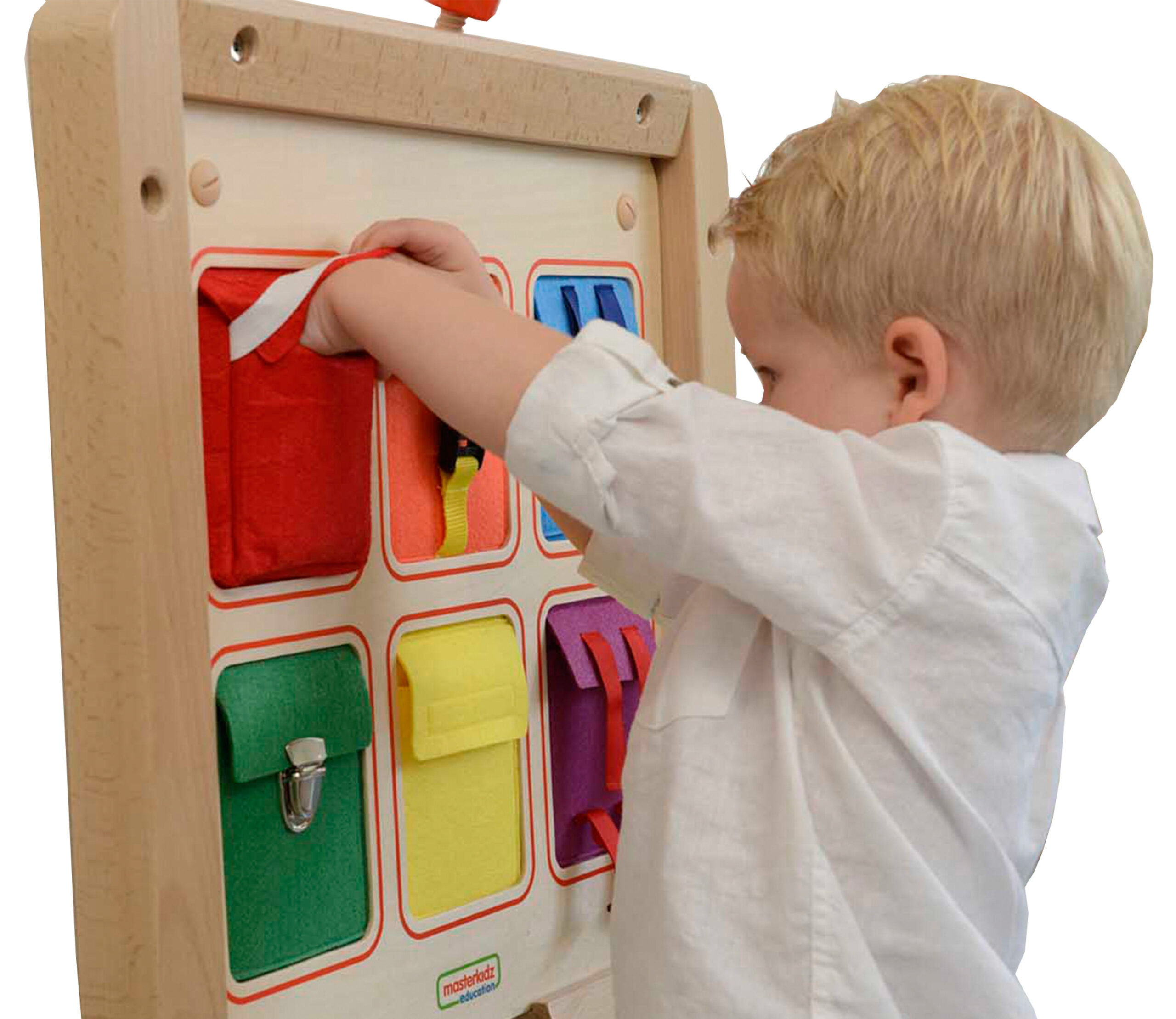 MASTERKIDZ Wooden Flex Wall Manipulation Board with Colorful Pockets, Buckles and Velcro - Slika 5