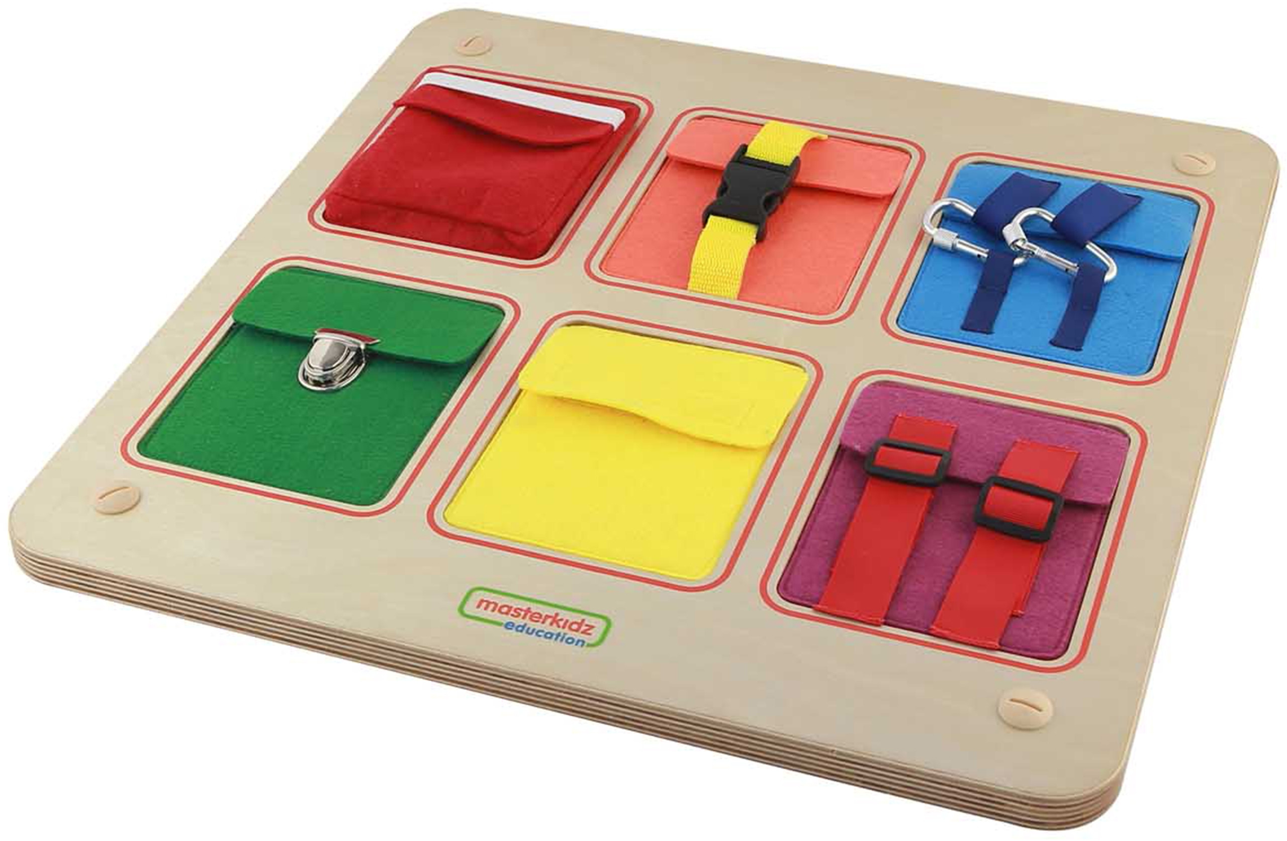 MASTERKIDZ Wooden Flex Wall Manipulation Board with Colorful Pockets, Buckles and Velcro - Slika 7