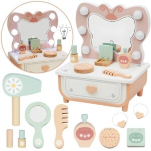 TOOKY TOY Wooden Butterfly Dressing Table Accessories Mirror with LED Lighting + Cosmetics