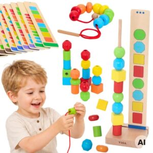 VIGA Wooden Beads for Stringing Sequencing Patterns 64 pcs 3+