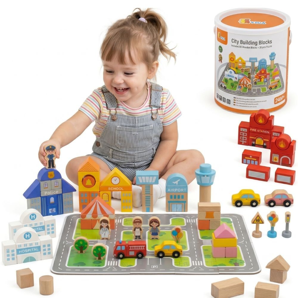 VIGA Wooden Set Building a City Blocks Board Figures