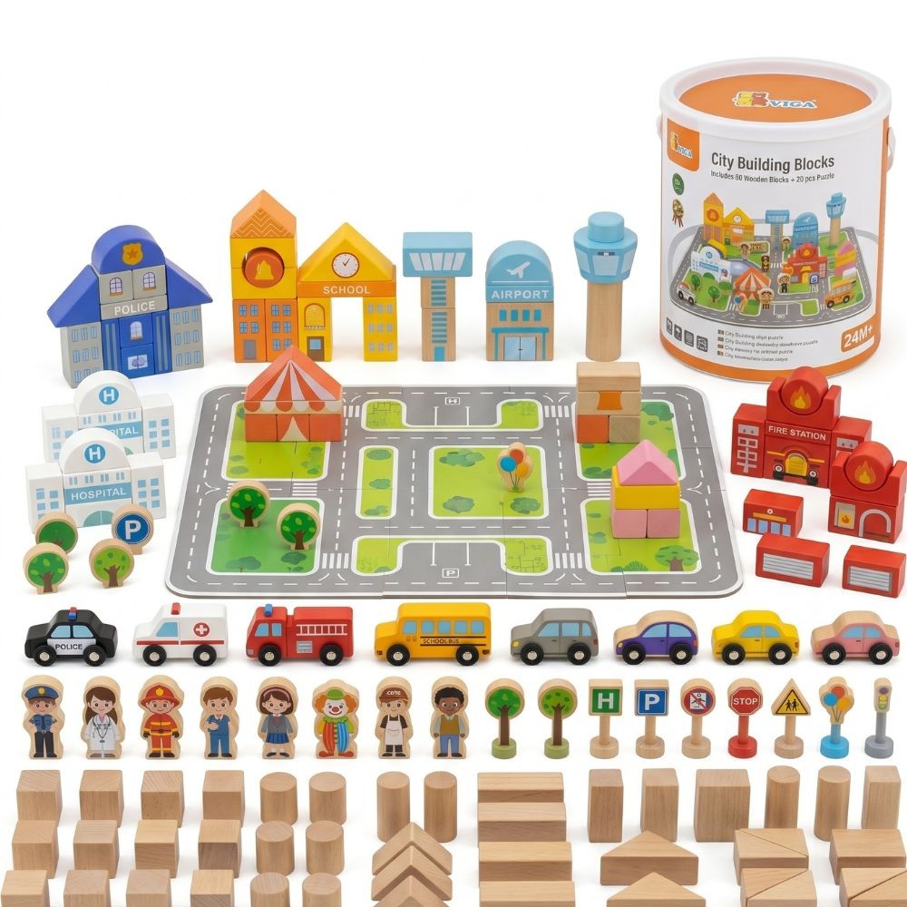 VIGA Wooden Set Building a City Blocks Board Figures - Slika 8