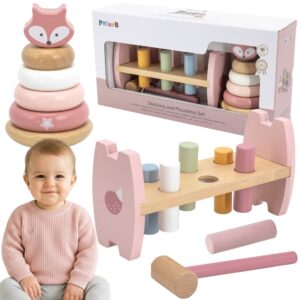 VIGA PolarB Wooden Pyramid + Punch with Hammer Set Montessori Fox