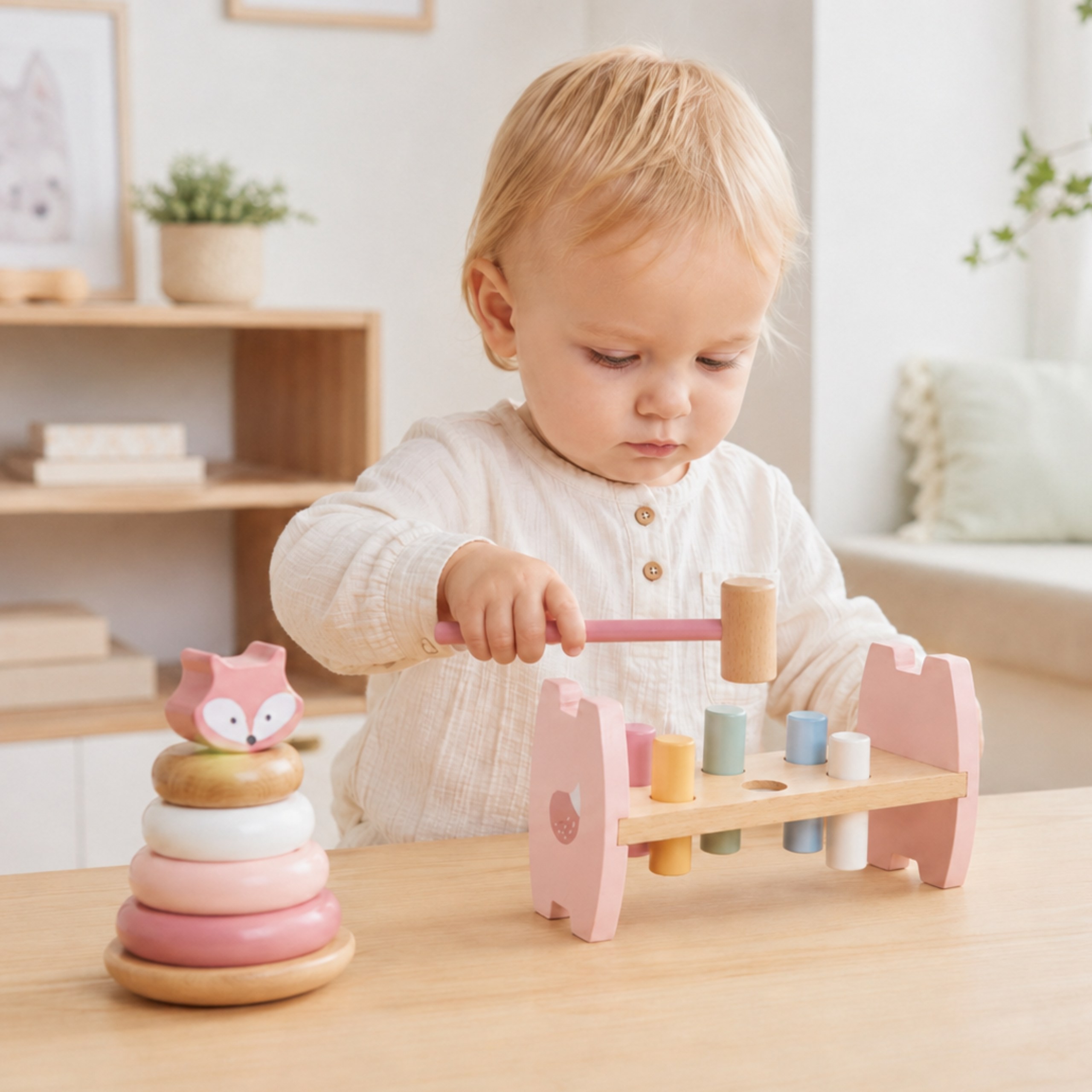 VIGA PolarB Wooden Pyramid + Punch with Hammer Set Montessori Fox - Slika 2