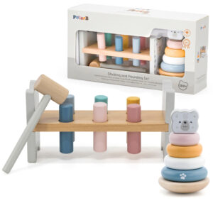 VIGA PolarB Set Wooden Pyramid + Polar Bear Hammer Punch Montessori