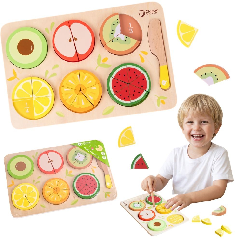 CLASSIC WORLD Wooden Fruits for Cutting with Velcro + Learning Fractions and Division MONTESSORI 23 pcs.