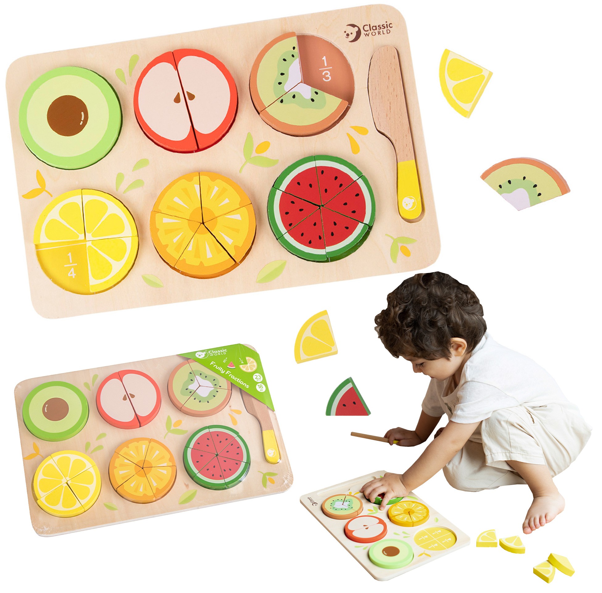 CLASSIC WORLD Wooden Fruits for Cutting with Velcro + Learning Fractions and Division MONTESSORI 23 pcs. - Slika 4