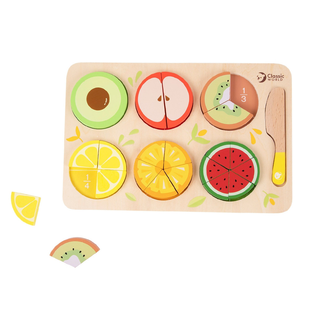 CLASSIC WORLD Wooden Fruits for Cutting with Velcro + Learning Fractions and Division MONTESSORI 23 pcs. - Slika 5