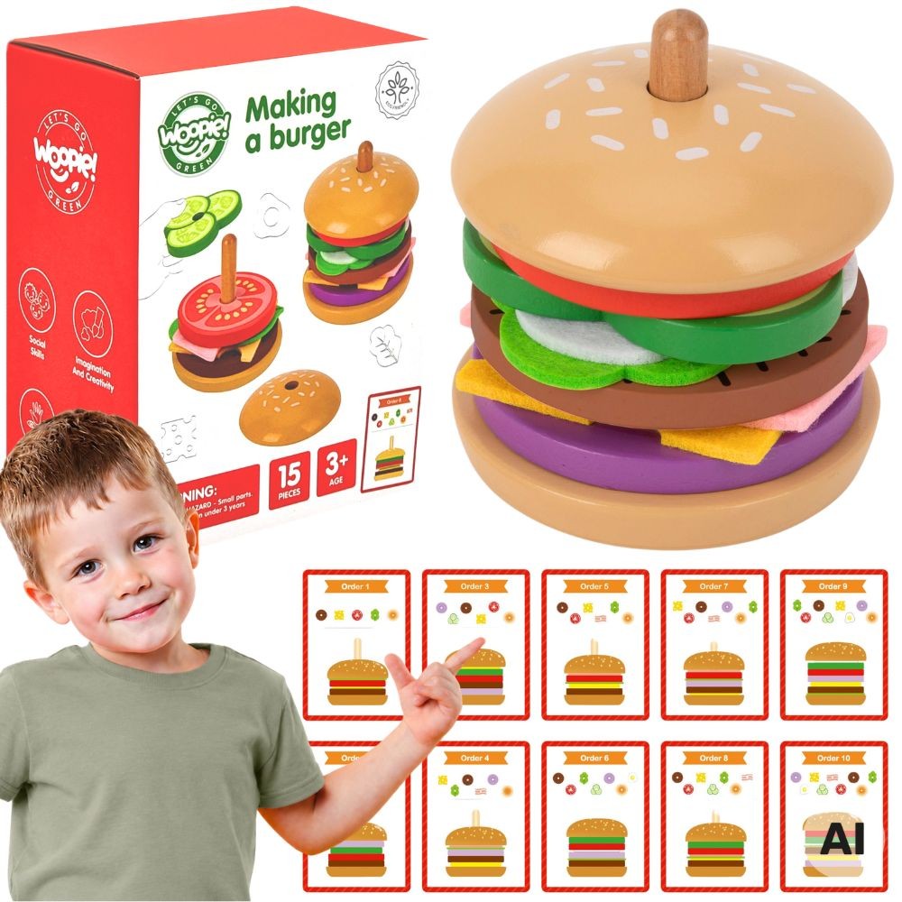 WOOPIE GREEN Wooden Burger Restaurant Puzzle for Children 15 Pieces FSC Certified