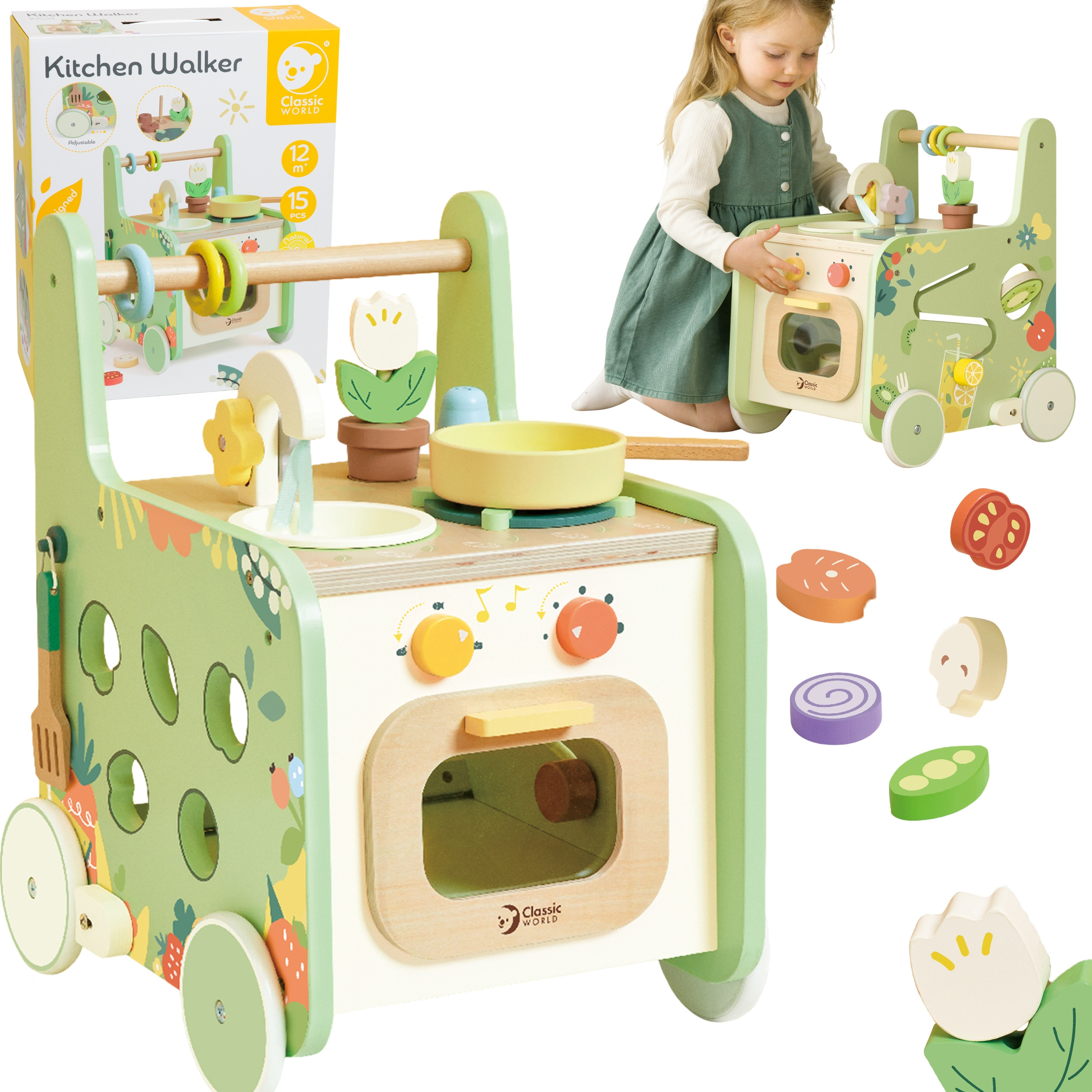 CLASSIC WORLD Wooden Kitchen 2 in 1 Pusher with Removable Wheels