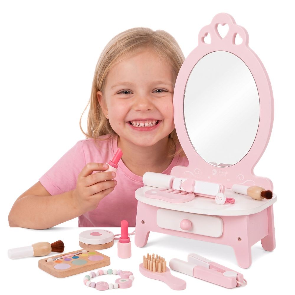 CLASSIC WORLD Wooden Dressing Table for Girls with Mirror + Hair Straightener 11 accessories