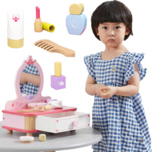 VIGA Wooden Pink Makeup Table with Mirror + Accessories
