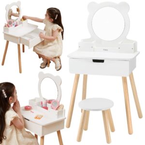 VIGA Large White Wooden Dressing Table with Mirror and Chair