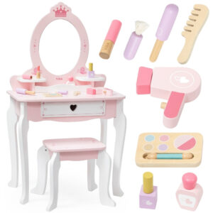 VIGA Large Wooden Dressing Table in White and Pink with Mirror and Chair