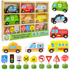 WOOPIE GREEN Set of Wooden Vehicles and Road Signs 15 pcs.